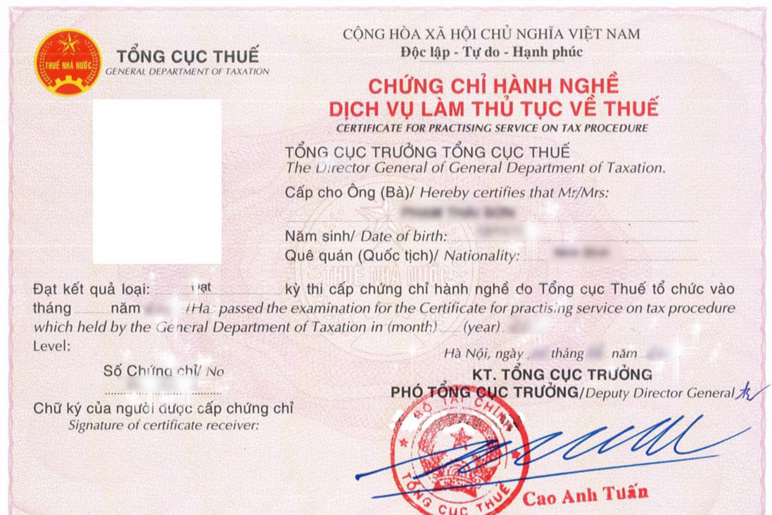 hình ảnh chứng chỉ đại lý thuế