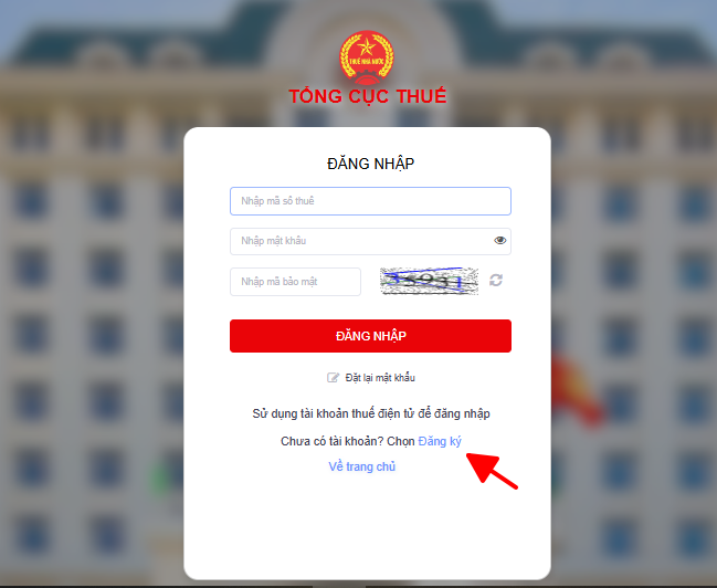 Bước 2 giao diện chọn đăng ký tài khoản thông tin đại lý thuế