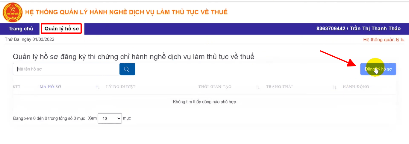 giao diện đăng ký hồ sơ