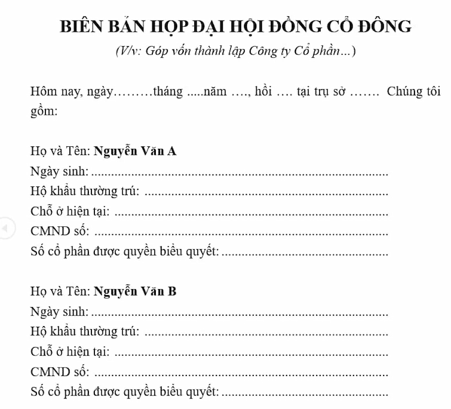 Mẫu biên bản góp vốn thành lập công ty cổ phần