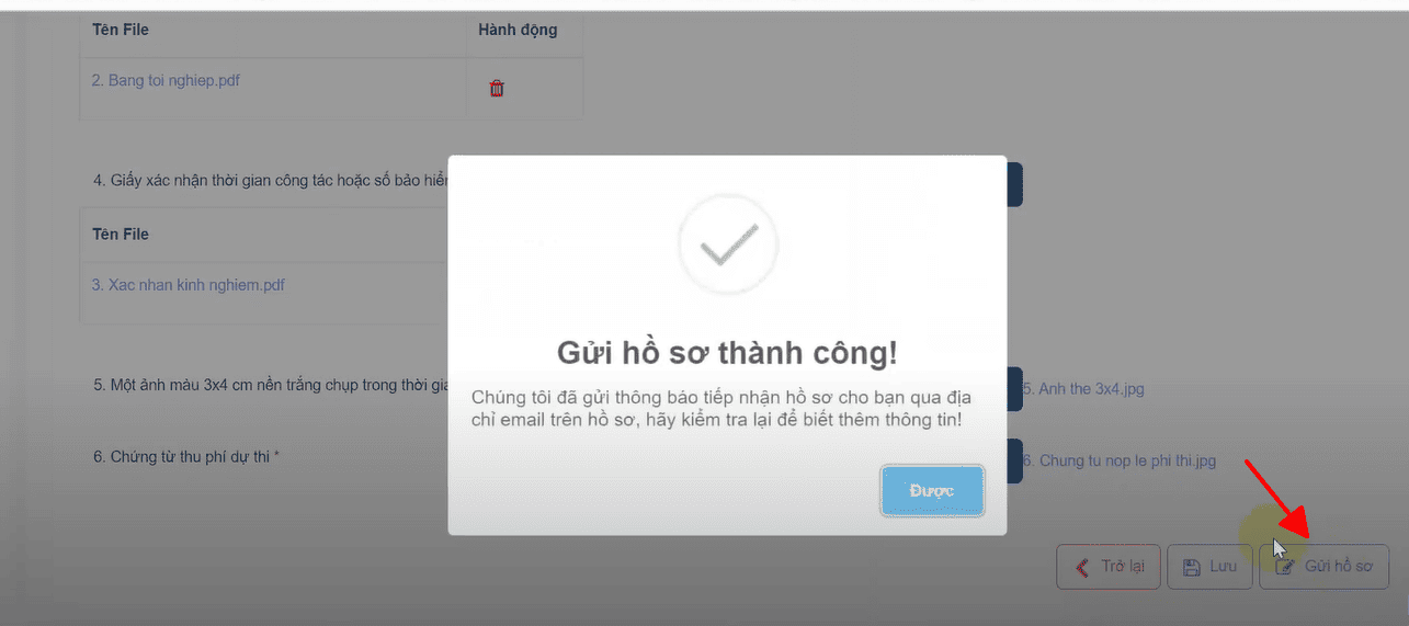 giao diện gửi hồ sơ thành công