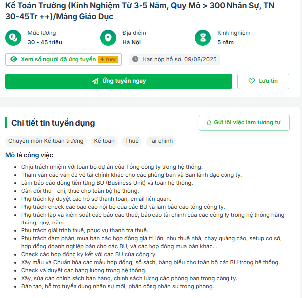 mô tả công việc kế toán trưởng