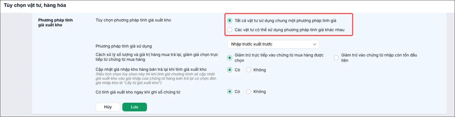 Thông tư 99/2025/TT-BTC mang lại sự linh hoạt khi cho phép doanh nghiệp áp dụng nhiều phương pháp tính giá xuất kho khác nhau cho từng loại vật tư, hàng hóa. MISA ASP Kế toán đã nhanh chóng bổ sung phần thiết lập này trên phần mềm