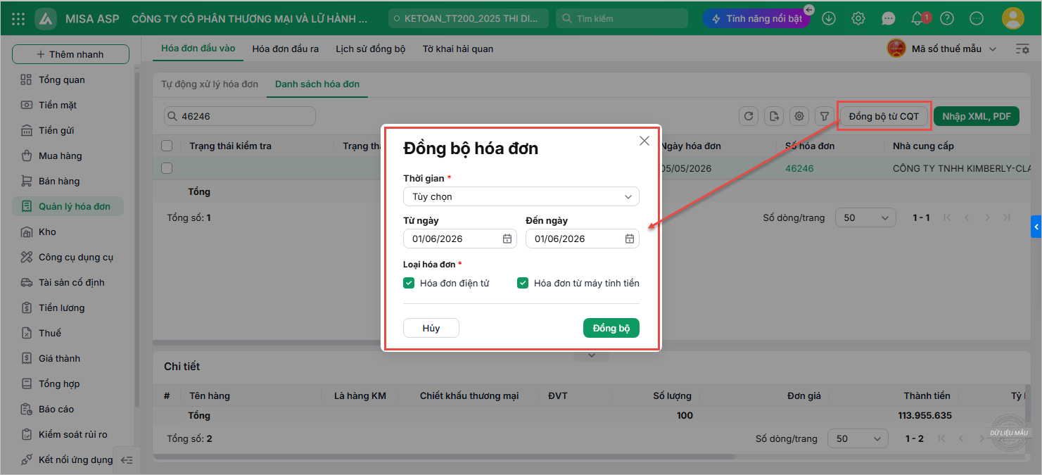 Để tải hoá đơn từ CQT về phần mềm > Chọn Đồng bộ từ CQT, chọn khoảng thời gian cần lấy hóa đơn và loại hóa đơn cần đồng bộ (Hóa đơn điện tử hoặc Hóa đơn từ máy tính tiền) > rồi nhấn Đồng bộ