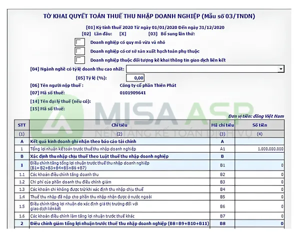 lập tờ khai quyết toán TNDN Mẫu 03/TNDN