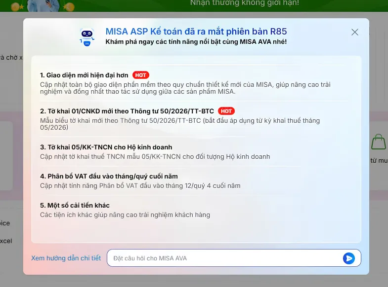 MISA ASP Kế toán chính thức cập nhật Tờ Khai 01/CNKĐ Theo Thông Tư 50/2026/TT-BTC