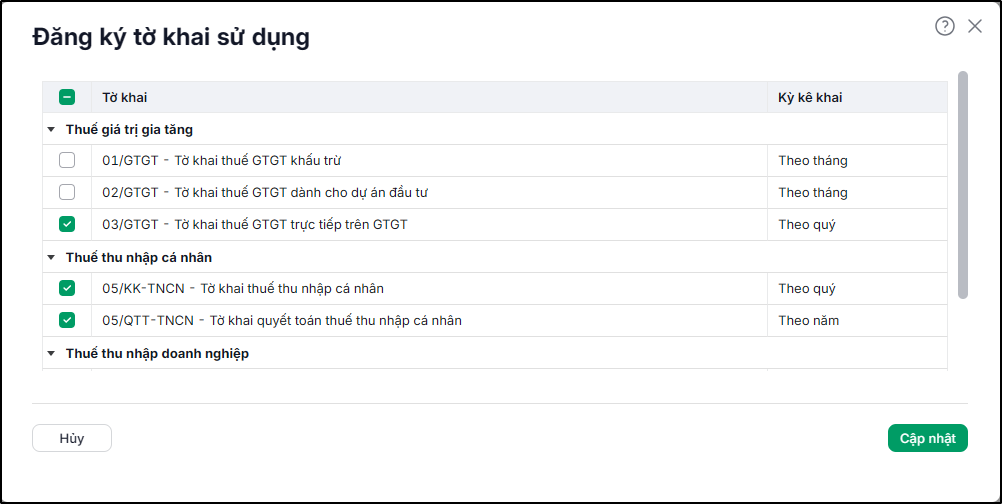 cập nhật thuế TNCN & TNDN theo các Quy định mới 2026, MISA ASP chủ động đáp ứng, tự động cập nhật các mẫu tờ khai mới nhất (như Tờ khai 01/CNKĐ, 05/KK-TNCN cho hộ kinh doanh, GTGT, TNDN...) theo đúng thông tư, nghị định hiện hành.
