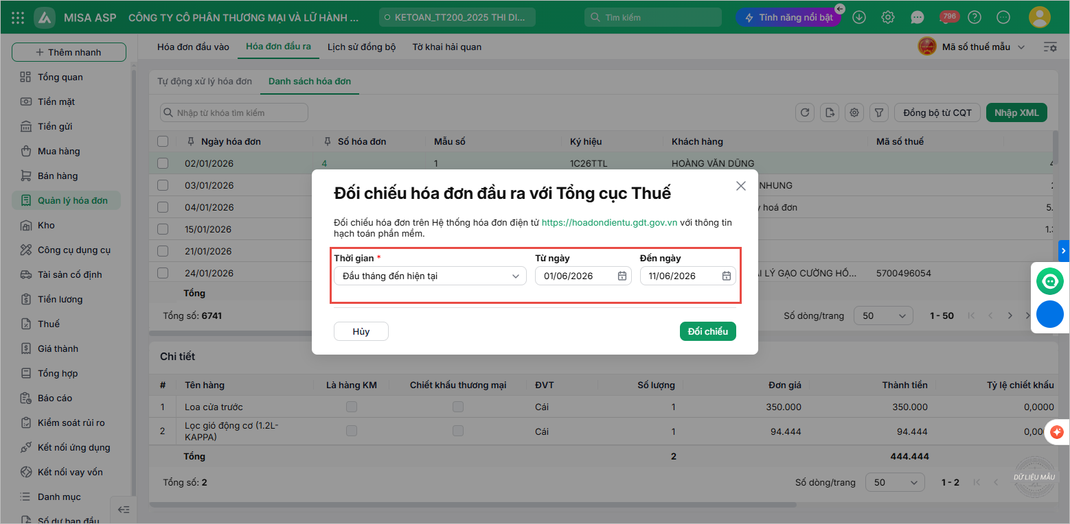 Bước 2: Khai báo tham số thời gian trên hộp thoại và chọn Đối chiếu