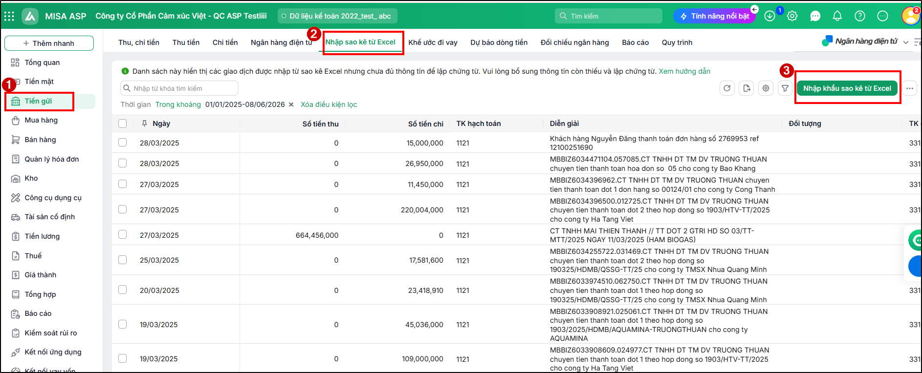 Trên MISA ASP, bạn chỉ cần xin file sao kê nguyên bản định dạng Excel của khách hàng và đẩy thẳng lên phần mềm