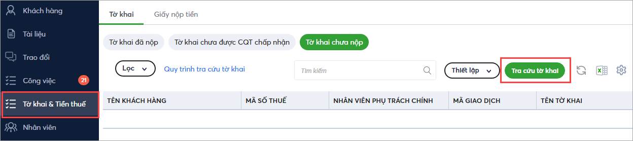 MISA ASP cung cấp một bản điều khiển thông minh, giúp tập trung của tất cả khách hàng: Tờ khai nào chưa nộp, tờ khai nào đã gửi, giấy nộp tiền nào đã được Cơ quan Thuế chấp nhận.