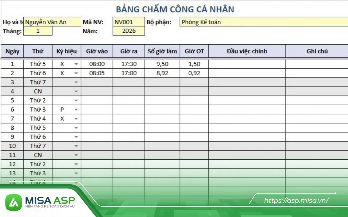 mẫu bảng chấm công cá nhân được thiết kế dưới dạng phiếu giao việc kiêm nghiệm thu thời gian.