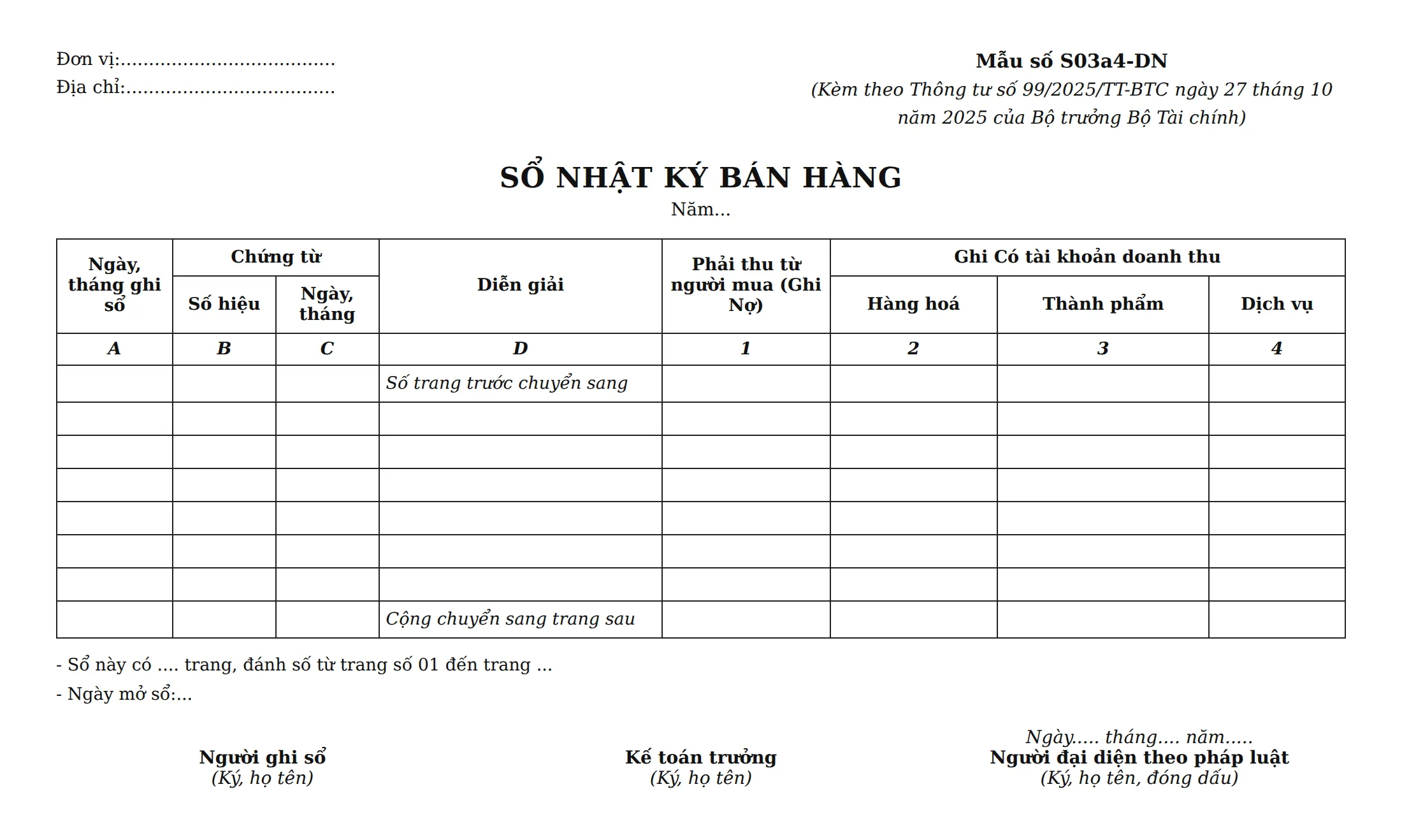 Mẫu sổ nhật ký chung - Sổ Nhật ký bán hàng (Mẫu số S03a4-DN)