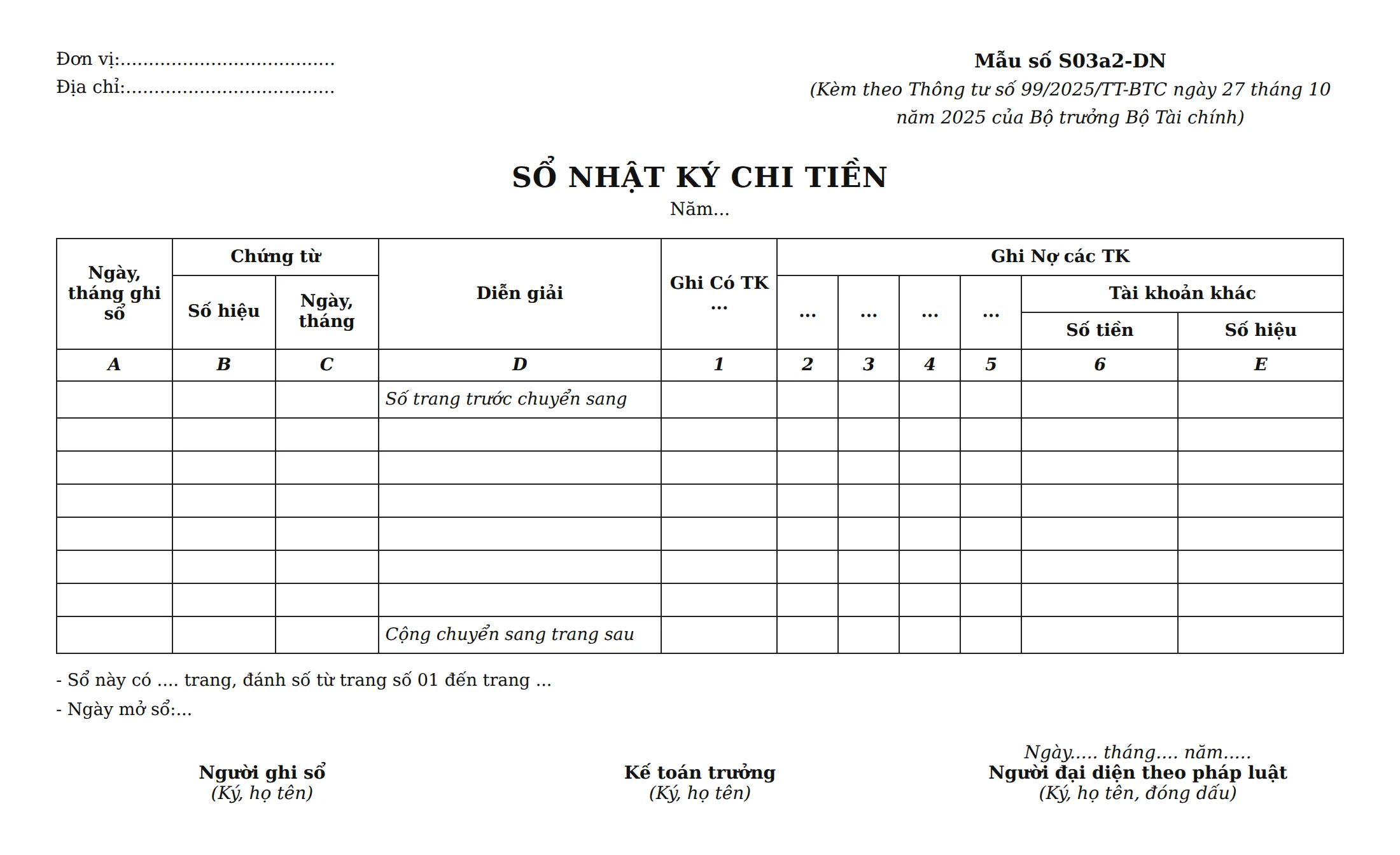 Mẫu sổ nhật ký chung - Sổ Nhật ký chi tiền (Mẫu số S03a2-DN)