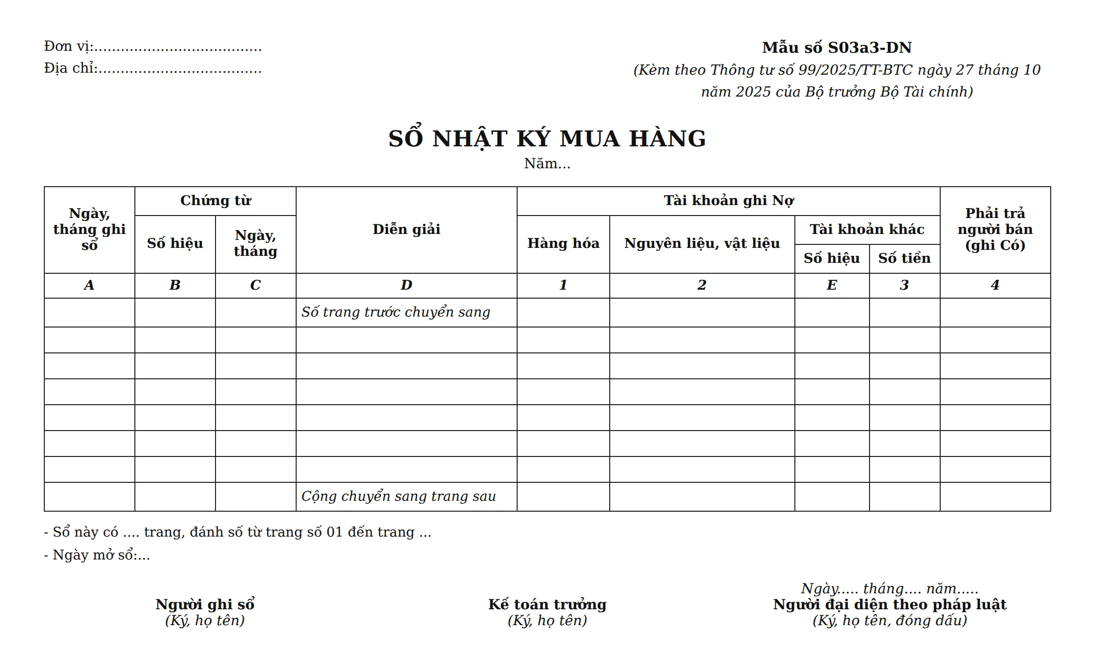 Mẫu sổ nhật ký chung - Sổ Nhật ký mua hàng (Mẫu số S03a3-DN)