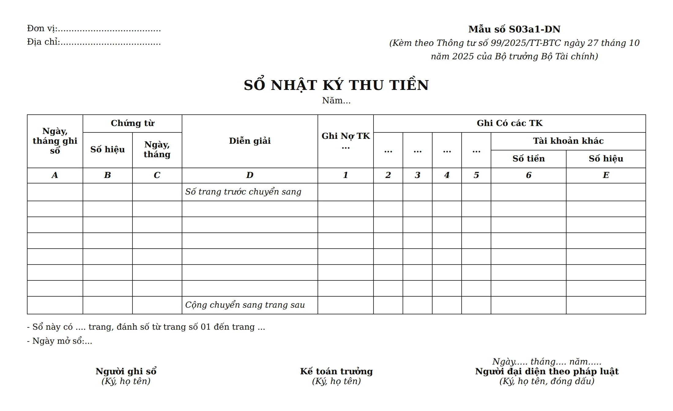 Mẫu sổ nhật ký chung - Sổ Nhật ký thu tiền (Mẫu số S03a1-DN)