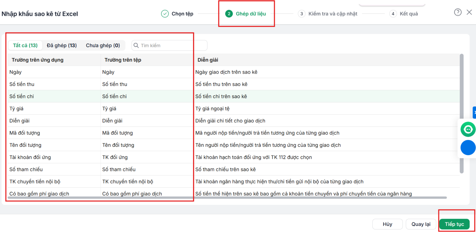 Khi nhập khẩu sao kê nhân hàng trên MISA ASP, sau khi tải file lên, MISA ASP tự động ghép các cột trên tệp dữ liệu với những trường tương ứng trên phần mềm.