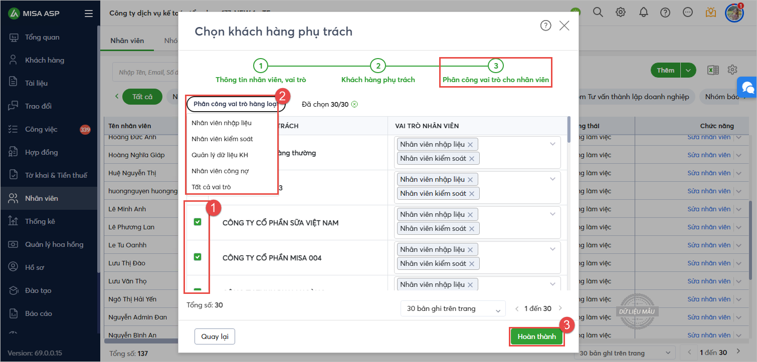 Hệ thống quản lý khách hàng cho phép kế toán dịch vụ thiết lập 5 công việc phụ trách