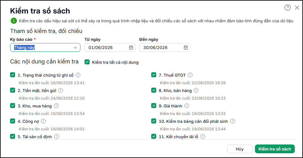 Chức năng kiểm tra sổ sách trên MISA ASP tự động kiểm tra các dấu hiệu sai sót trong quá trình nhập liệu và đối chiếu số liệu giữa các sổ kế toán.
