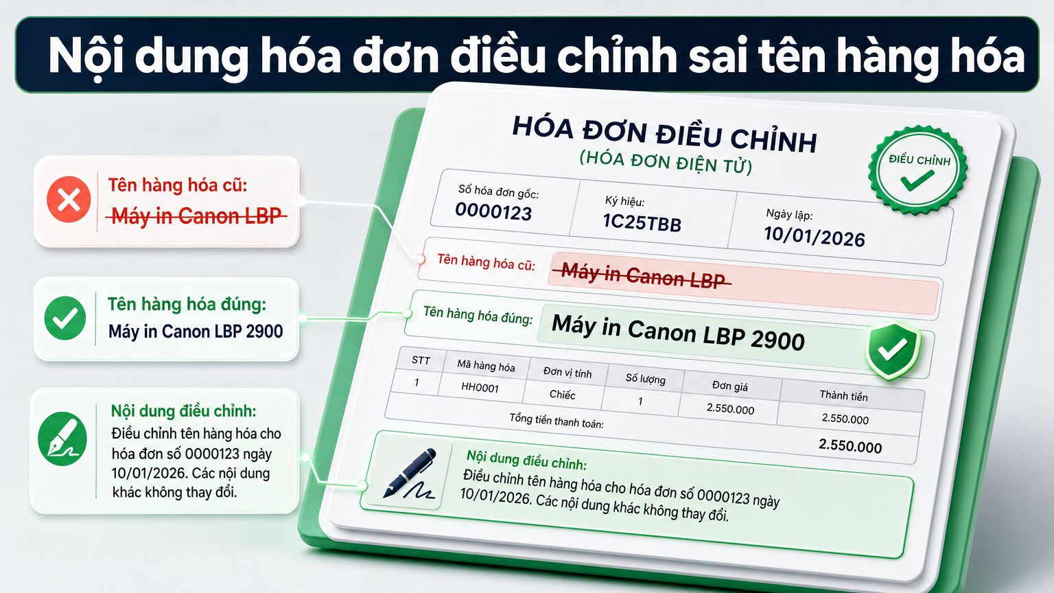 Cách viết hóa đơn điều chỉnh sai tên hàng hóa