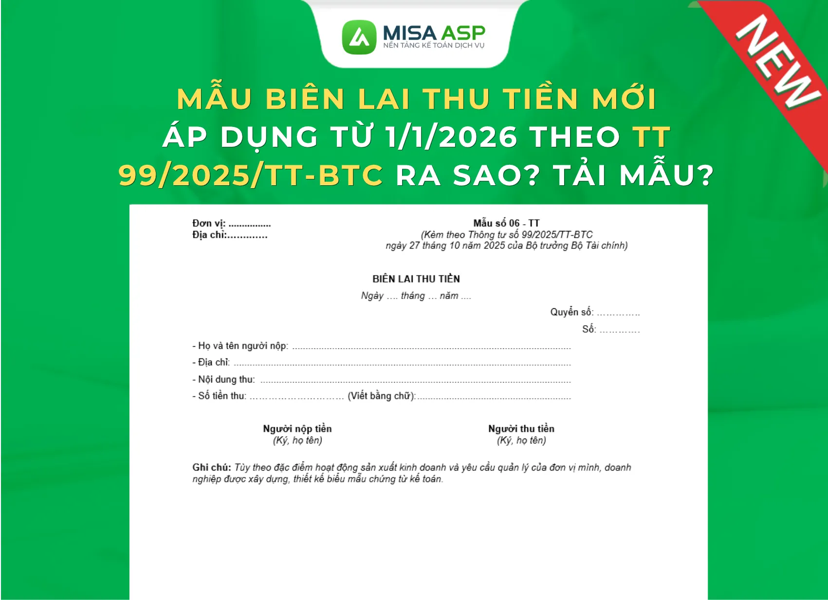 Mẫu biên lai thu tiền mới nhất theo Thông tư 99