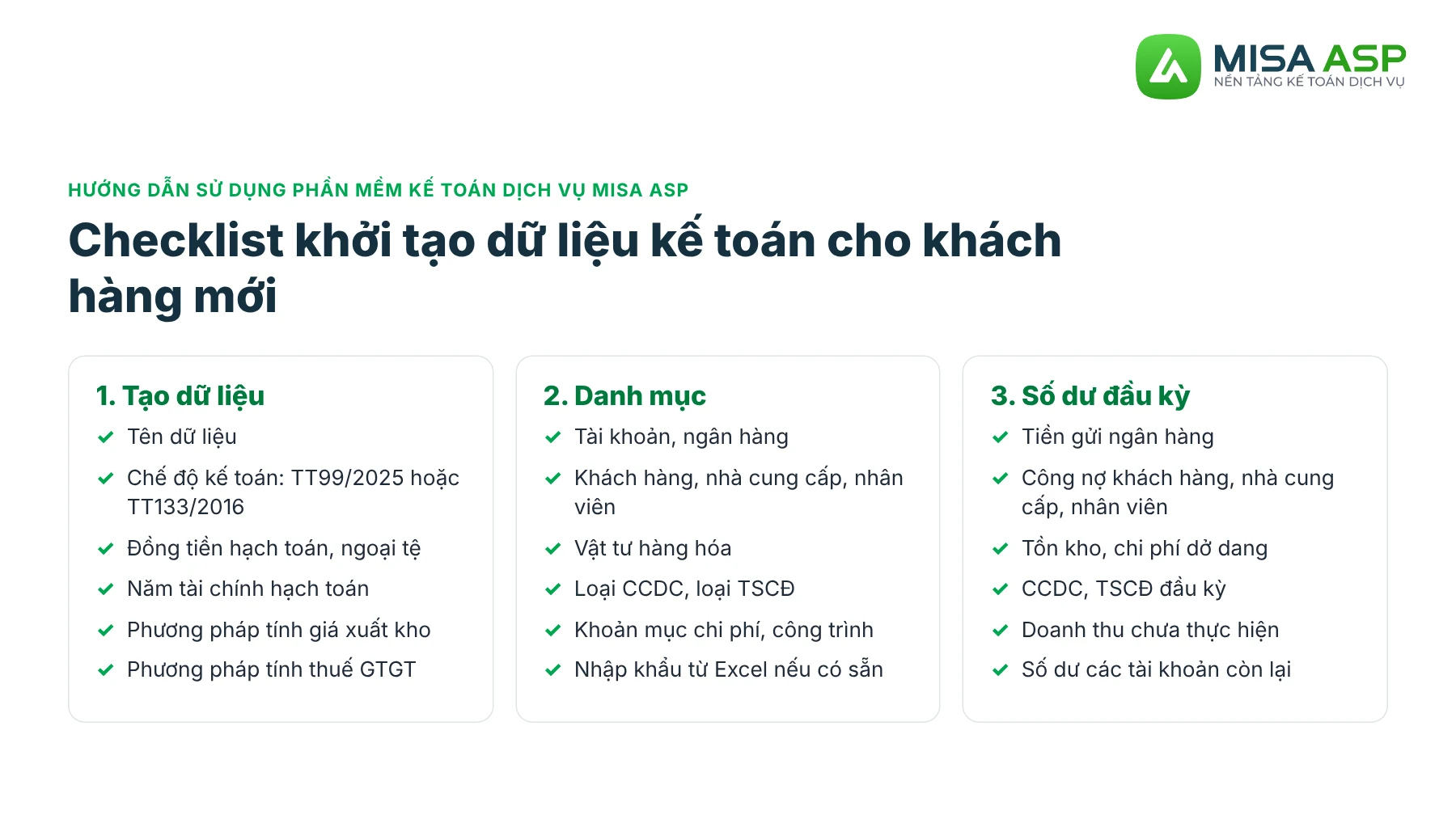 Các việc cần làm khi khởi tạo dữ liệu kế toán cho khách hàng mới trên MISA ASP