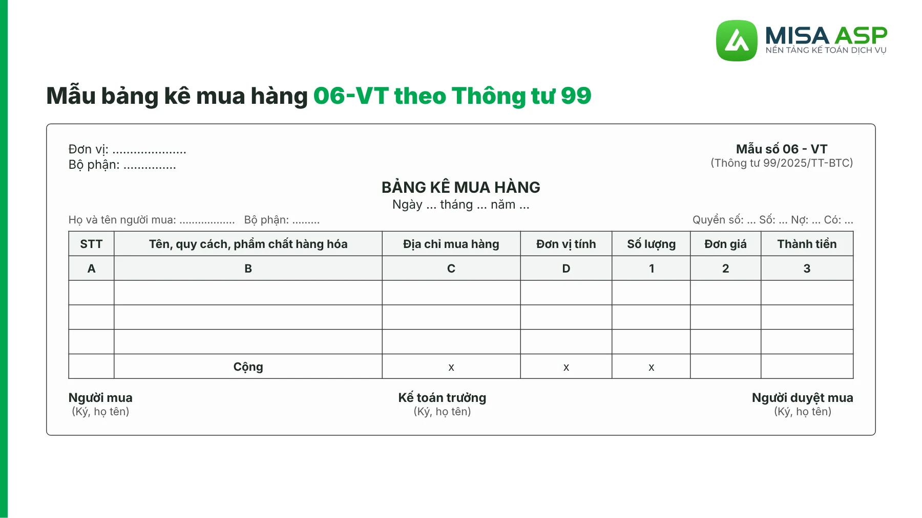 Mẫu bảng kê mua hàng 06-VT theo Thông tư 99