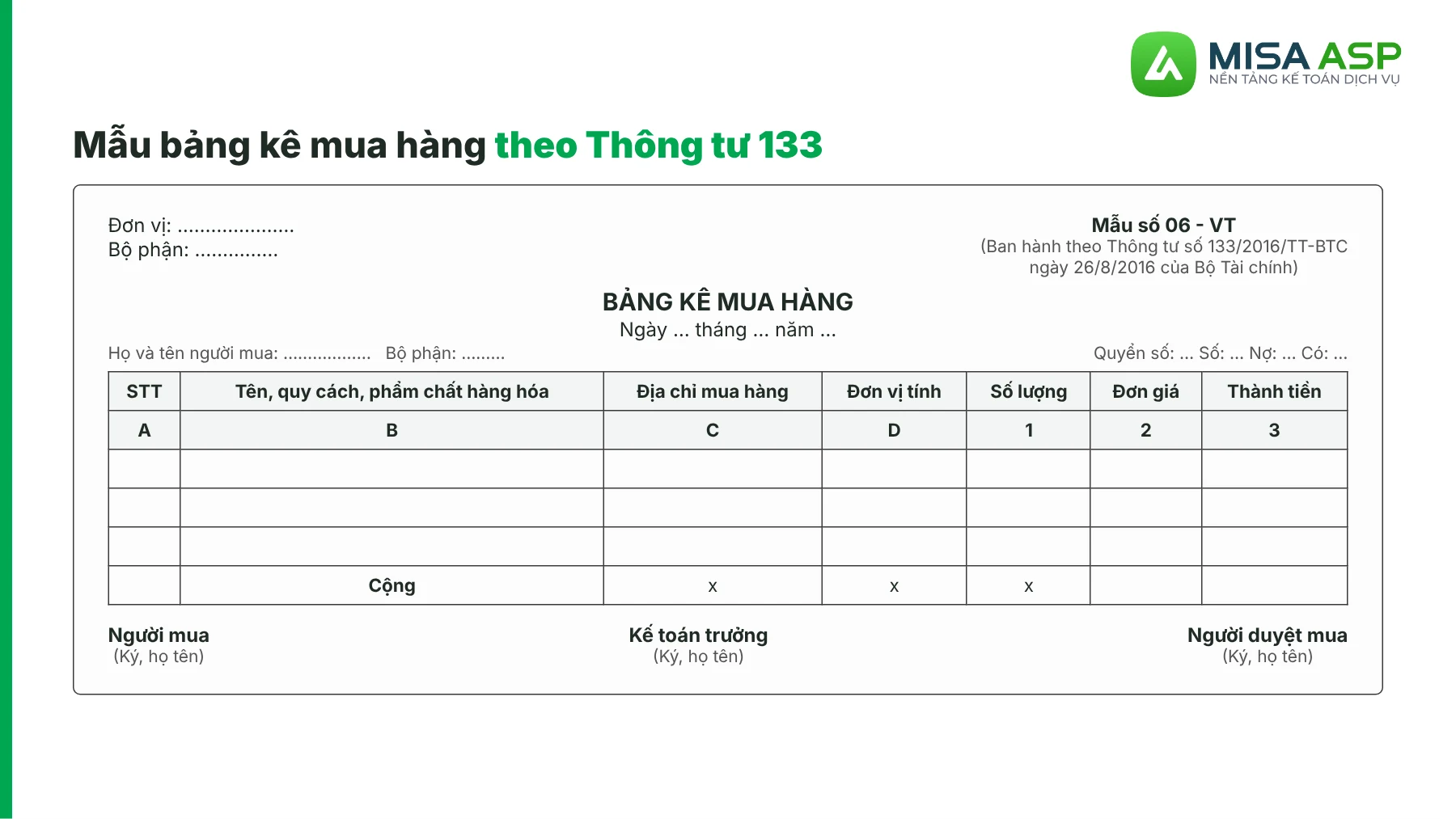 Bảng kê mua hàng theo Thông tư 133 cũng mang số 06-VT, dành cho doanh nghiệp nhỏ và vừa đang áp dụng chế độ kế toán theo Thông tư 133/2016/TT-BTC.