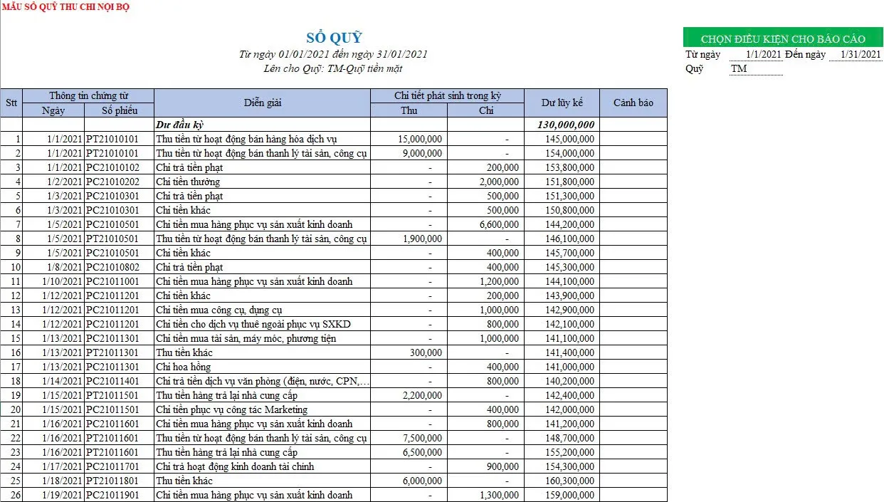 Mẫu file Excel thu chi công ty sổ quỹ nội bộ